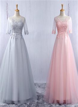 Picture of Lovely Tulle Round Neckline A-line Party Dresses with Lace Applique, Short Sleeves Long Bridesmaid Dresses